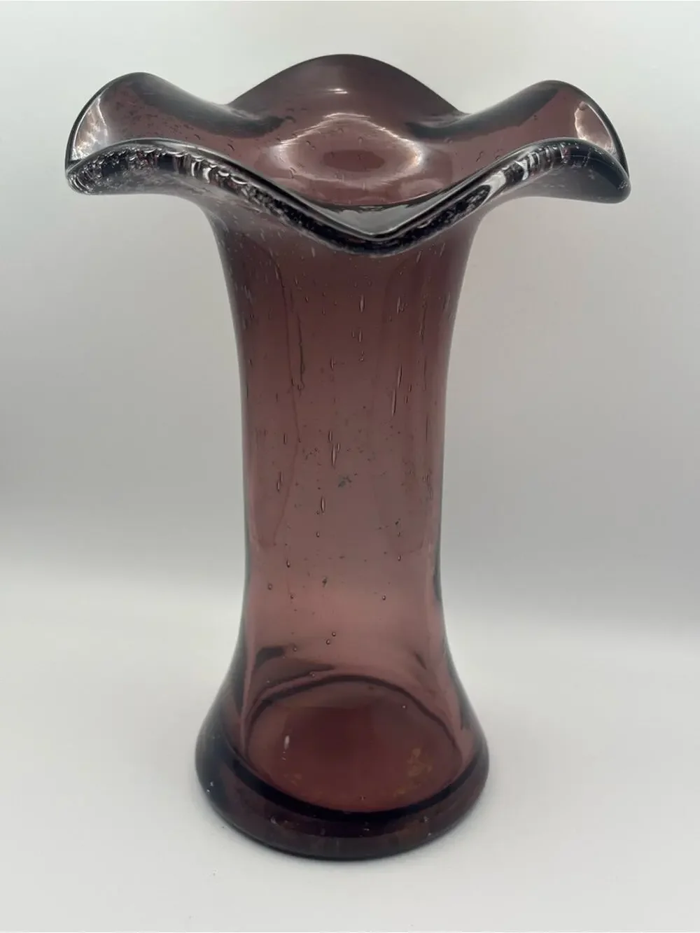 Vintage Amethyst Purple Vase with Ruffled Top, Hand Blown Art Glass Flower Vase